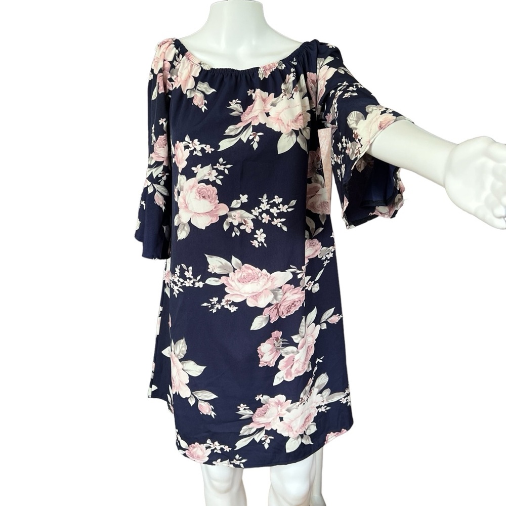 Womens Navy Blue Floral Print Bell Sleeve Dress Sz MD